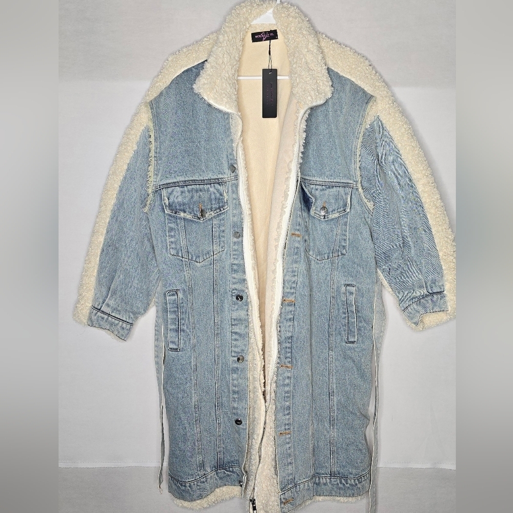 Nichole Lynel Size Small Long Sherpa Lined Denim Coat w/ Teddy Trim Jacket - Picture 1 of 13